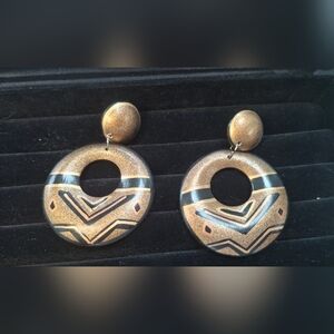 Vintage 1980s Hand Pained Clip Gold and Black Earrings